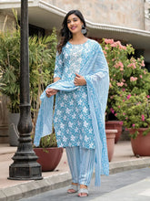 Blue Floral Printed Cotton Kurta, Pant And Dupatta Set With Thread & Mirror Work-J4849BLUE_OF
