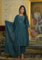 Rama Green Thread Embroidered Viscose Kurta Pant And Dupatta Set With Sequins Work-J4895RAMAGREEN