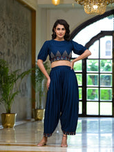 Navy Thread Embroidered Rayon Top & Dhoti Pant Set-J4921NAVY