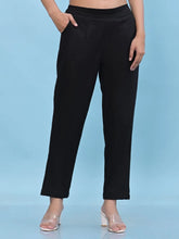 Women Black Solid Cotton Pants with Partially Elasticated Waistband and Two Side Pockets-J4946OT9BLACK