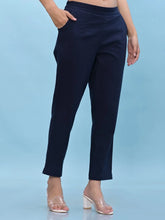 Women Navy Blue Solid Cotton Pants with Partially Elasticated Waistband and Two Side Pockets-J4948OT9NAVY