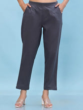 Women Grey Solid Cotton Pants with Partially Elasticated Waistband and Two Side Pockets-J4951OT9GREY