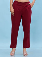 Women Maroon Solid Cotton Pants with Partially Elasticated Waistband and Two Side Pockets-J4952OT9MAROON