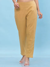 Women Gold Solid Cotton Pants with Partially Elasticated Waistband and Two Side Pockets-J4956OT9GOLD