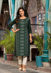 Green Ethnic Motif Printed Round Neck Rayon Kurta With Straight Hemline-J4971OT7GREEN