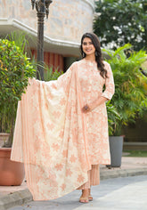 Brown Floral Printed Cotton Kurta Set With Buttons-J4974BROWN