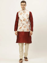 Men's Solid Dupion Kurta Pajama with Printed Nehru Solid Jacket
