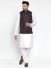 Men's Solid Dupion Blue Kurta Pajama with Woven Nehru Jacket
