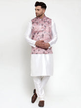 Men's Solid Dupion Kurta Pajama Brown Printed Nehru Jacket