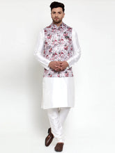 Solid Lit Dupion Kurta Pajama with Printed Nehru Jacket