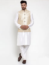 Men's Solid Dupion Kurta Pajama with Embroidered Nehru Jacket-White