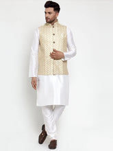 Men's Solid Lit Dupion Kurta Pajama with Embroidered Nehru Jacket