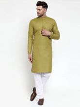 Men Olive Green & White Solid Kurta with Churidar ( JOKP 611 Olive )-JOKP-611