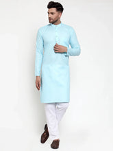 Men Sky-Blue & White Solid Kurta with Churidar ( JOKP 611 Sky )-JOKP-611