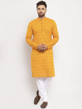 Men Yellow & White Cotton Printed Kurta with Pyjamas ( JOKP 614 Yellow )-JOKP-614