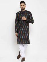 Men Black Woven Design Ikkat Straight Kurta with Churidar ( JOKP 615 Black )-JOKP-615
