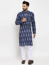 Men Blue Woven Design Ikkat Straight Kurta with Churidar ( JOKP 615 Blue )-JOKP-615