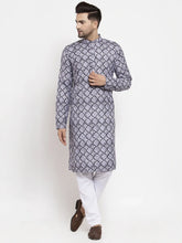 Men Blue & White Printed Kurta with Churidar ( JOKP 623 Indigo )-JOKP-623