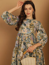 Floral Printed Puff Sleeve A-Line Dress-JND-1021Blue