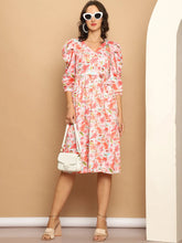 Women's Floral Printed A-line Dress With Belt-JND-1036Orange
