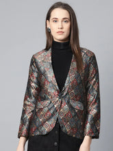 DesiQlo Women Blue & Maroon Satin Finish Printed Single-Breasted Blazer ( JOB 6002 Blue )