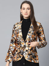 DesiQlo Women Mustard Yellow & Grey Satin Finish Printed Single-Breasted Blazer ( JOB 6002 Mustard )