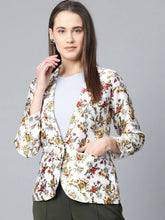 DesiQlo Women White & Yellow Satin Finish Floral Print Single-Breasted Blazer ( JOB 6002 White )