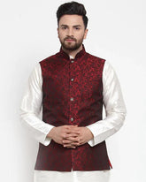 Men Maroon-Coloured & Black Woven Design Nehru Jacket ( JOWC 4004 Maroon)-JOWC-4004