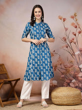 Women's Floral Printed Rayon A-Line Kurta-JOHNYBLUE