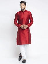 Men Maroon & White Woven Design Kurta with Pyjamas ( JOKP 637 Maroon )-JOKP-637
