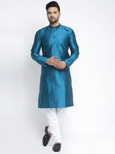 Men Blue & White Woven Design Kurta with Pyjamas ( JOKP 637 Pecock )-JOKP-637