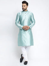 Men Sky Blue & White Woven Design Kurta with Pyjamas ( JOKP 637 Sky )-JOKP-637