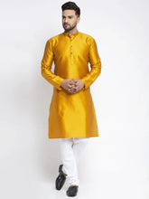 Men Yellow & White Woven Design Kurta with Pyjamas ( JOKP 637 Yellow )-JOKP-637