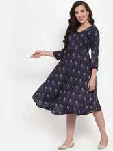 Women Navy Blue Printed Fit and Flare Ethnic Dress (JOK 1334 Blue)-JOK-1334