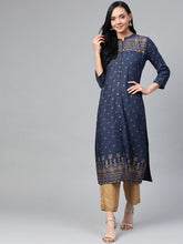 Women Navy Blue & Golden Block Print Straight Kurta ( JOK 1343 Navy )-JOK-1343