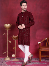 Men's Sequins Chikankari Embroidered Kurta with Pyjama.-JOKP-5015Maroon