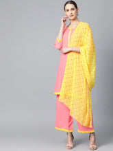 Women Peach-Coloured & Yellow Solid Kurta with Palazzos & Dupatta