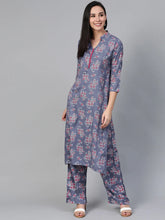 Women Grey & Pink Block Printed Kurta with Palazzos ( JOKPL 1341 Grey )-JOKPL-1341