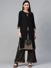 Women Black & Golden Block Printed Kurta with Palazzos ( JOKPL 1345 Black )-JOKPL-1345