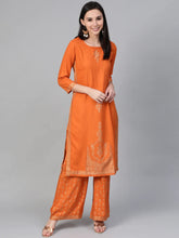 Women Orange & Golden Block Printed Kurta with Palazzos ( JOKPL 1345 Orange )-JOKPL-1345