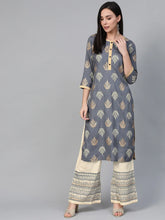 Women Grey & Cream-Coloured Block Print Kurta with Palazzos ( JOKPL 1346 Grey )-JOKPL-1346