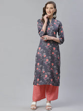 Women Charcoal Grey & Pink Floral Printed Kurta with Palazzos ( JOKPL 1353 Grey )-JOKPL-1353