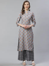 Women Grey & Beige Floral Printed Kurta with Palazzos ( JOKPL 1353 Lt.Grey )-JOKPL-1353