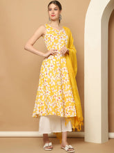 Printed yellow flowers flared kurta pallazos dupatta set ( JOKPL D64Y 1564 Yellow )