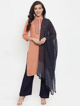 Women Mustard Peach & Navy Blue Embroidered Kurta with Palazzos & Dupatta (JOKPL NB D11B 1274 Peach)-JOKPL-NB-D11B-1274