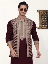 Men's Embroidered Waistcoat and Kurta Pyjama-JOKPWCS-5054Maroon