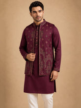 Embroidered Waistcoat & Solid Kurta Pyjama For Men ( JOKPWCS W 5139Purple )