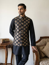 Printed Silk Blend Kurta Pyjama & Nehru Jacket Set ( JOKPWC 5586B 4032Black )