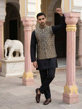 Woven Design Ethnic Nehru Jacket with Kurta Pyjama Set ( JOKPWC 5586B 4088Golden )