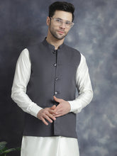 Men's Solid Nehru Jacket with White Kurta & Churidar ( JOKPWC 592W 4046Charcoal )